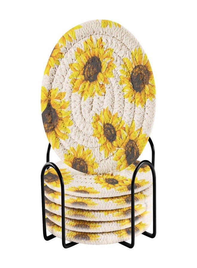 Aflyko Spring Coasters for Drink Sunflower Cute Coaster Set with Metal Holder Cotton Woven Coaster for Coffee Table Bistro Home Kitchen Island Housewarming Gift 6 Pack - Image 1